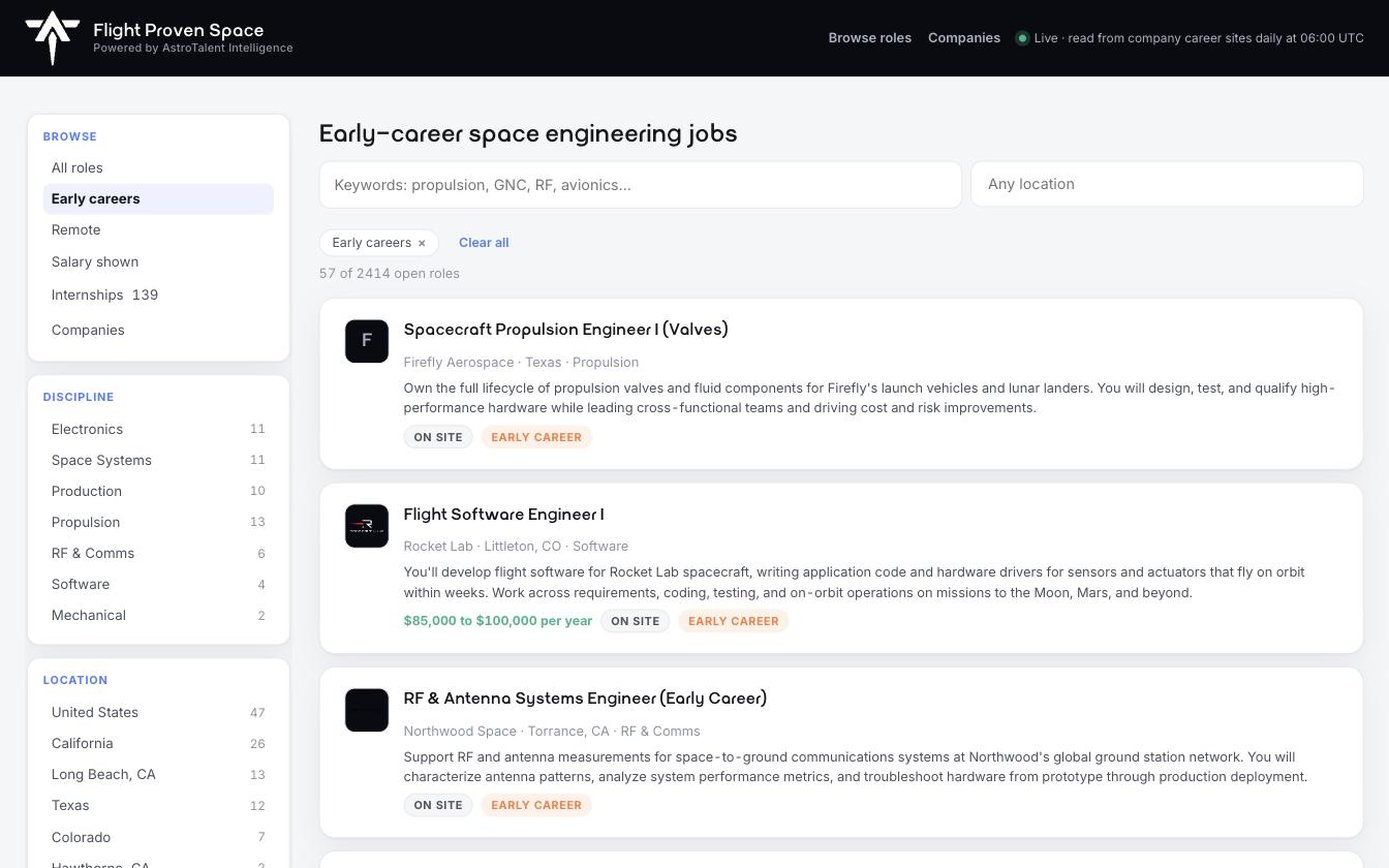 Early-career space engineering jobs on Flight Proven Space