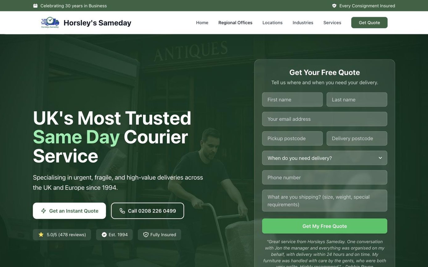 Horsley's Sameday home page with a quote form beside the headline
