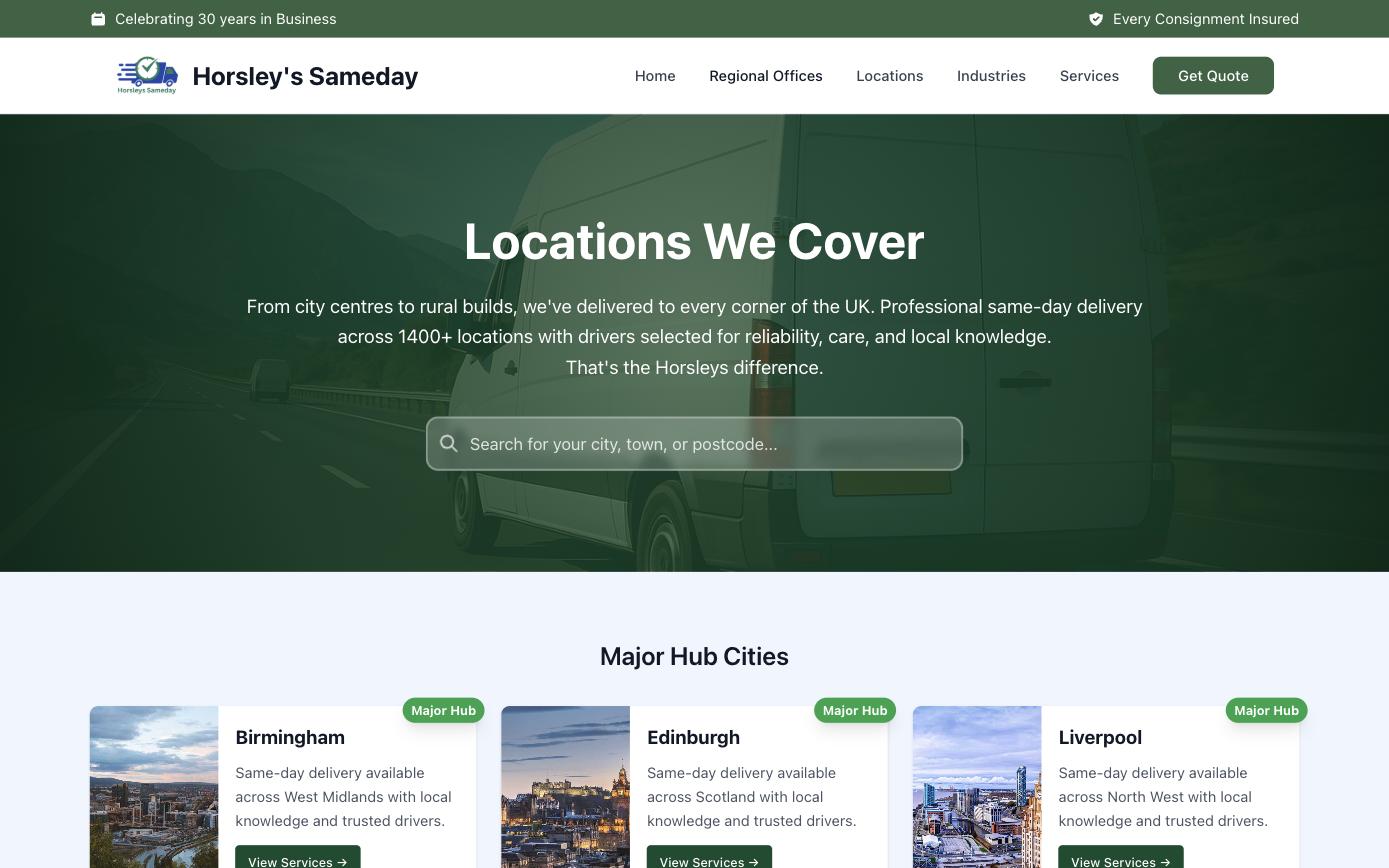 Horsley's Sameday locations page with searchable city coverage