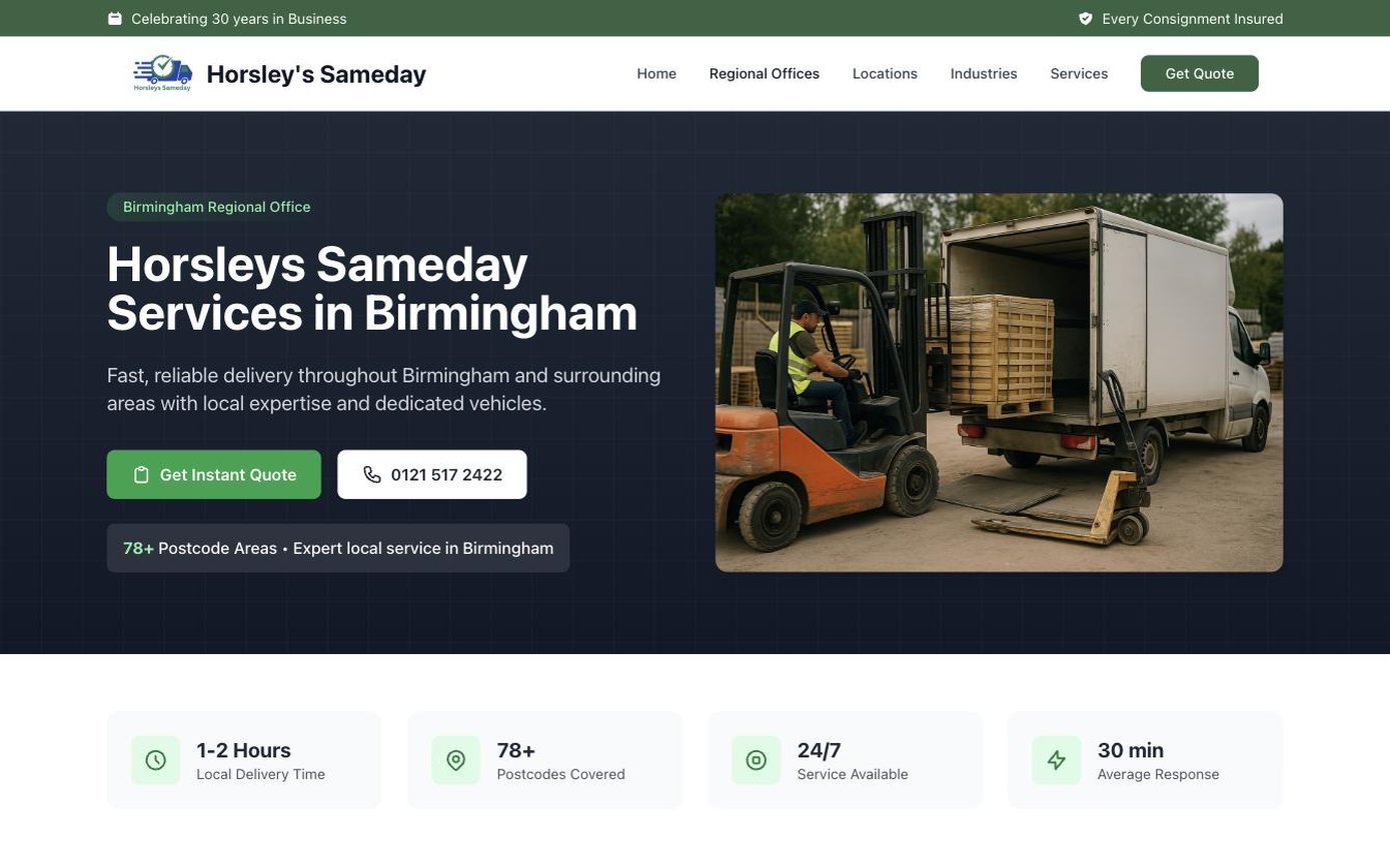 Horsley's Sameday Birmingham regional office page