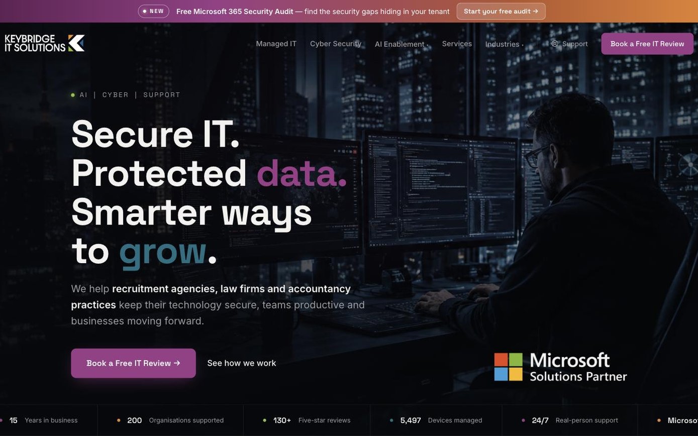 Keybridge IT home page: Secure IT. Protected data. Smarter ways to grow.