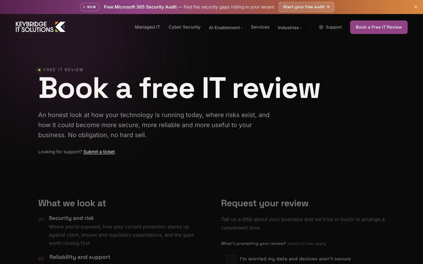 Keybridge IT free IT review page with a qualifying form