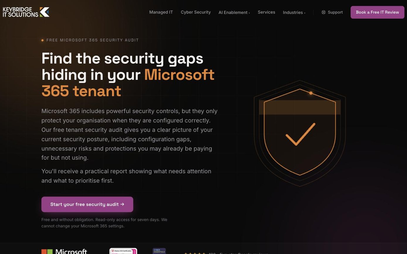 Keybridge free Microsoft 365 security audit page