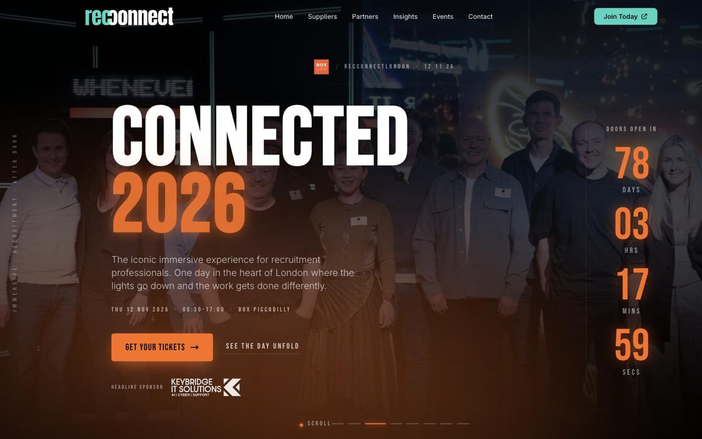 CONNECTED 2026 event page with a live countdown, date, venue and headline sponsor