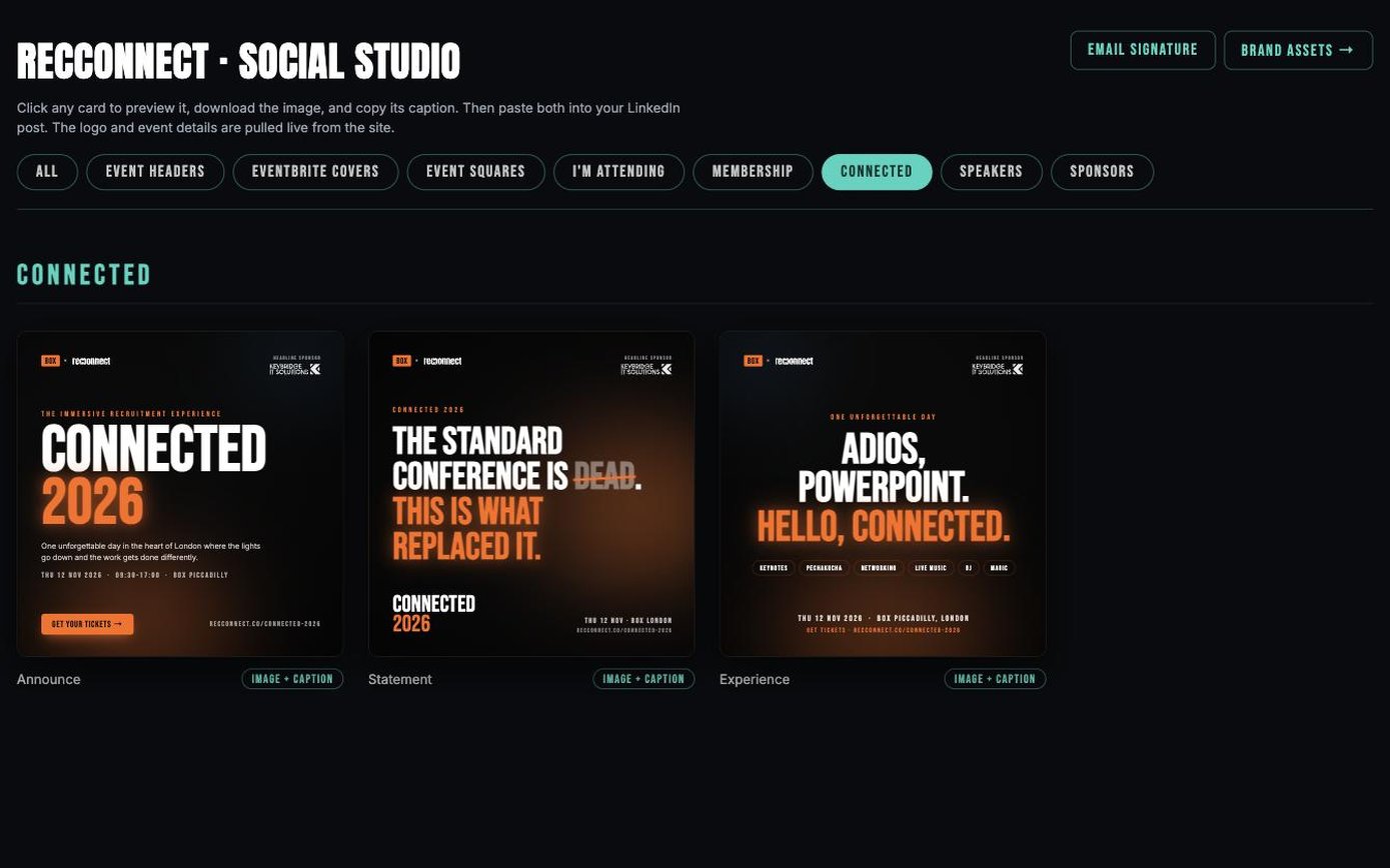 Three CONNECTED 2026 announcement cards in the RecConnect social studio