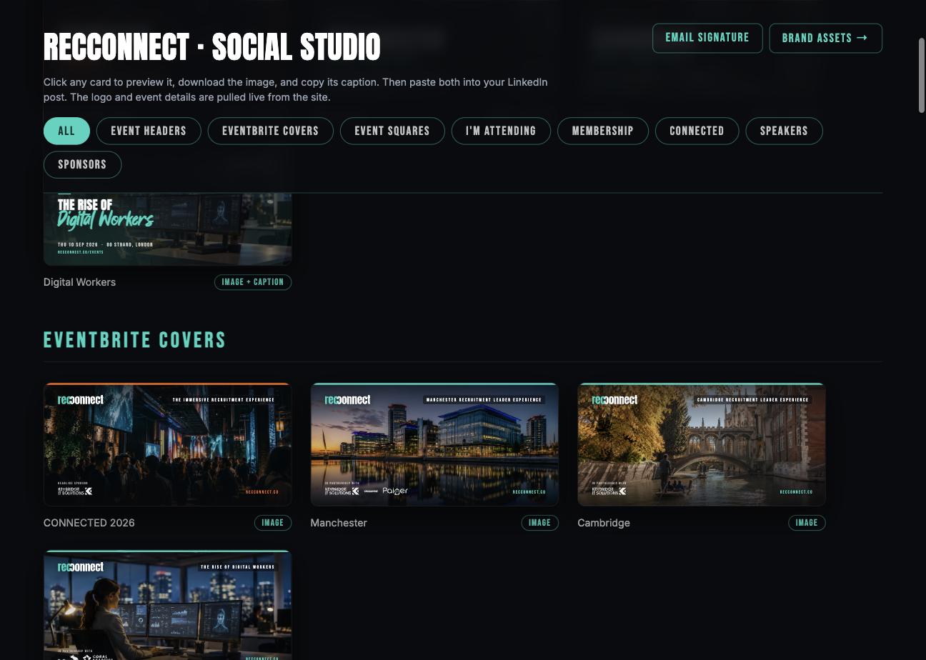 RecConnect social studio with nine categories of shareable card