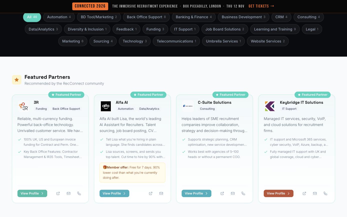 RecConnect supplier directory, filtered by 21 categories