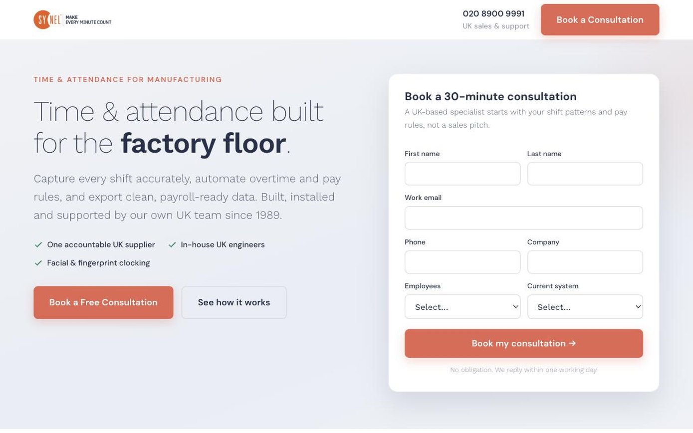 Synel manufacturing time and attendance landing page with a consultation form