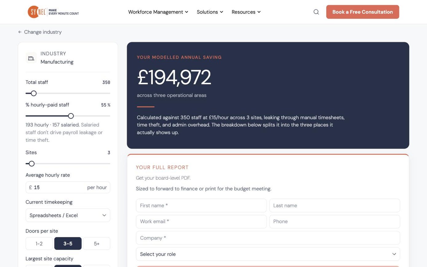 Synel ROI calculator showing a modelled annual saving of £194,972