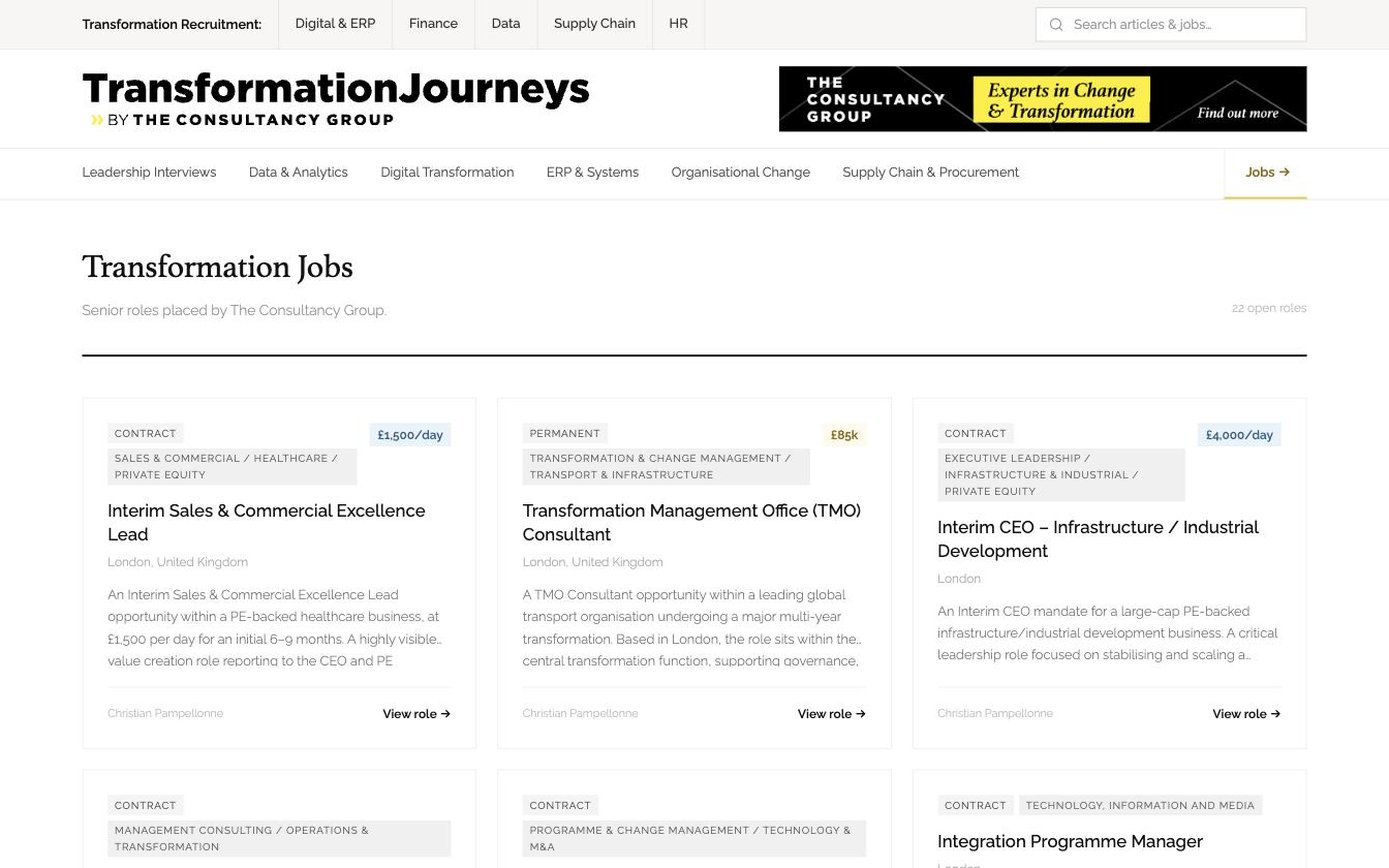 Transformation Journeys jobs board with day rates, disciplines and named consultants