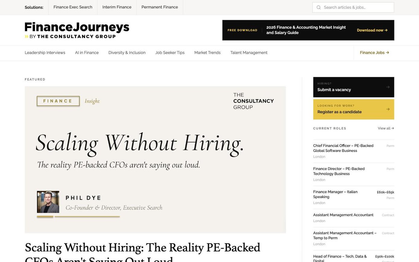 Finance Journeys, one of four vertical hubs, with articles, live roles and a gated salary guide