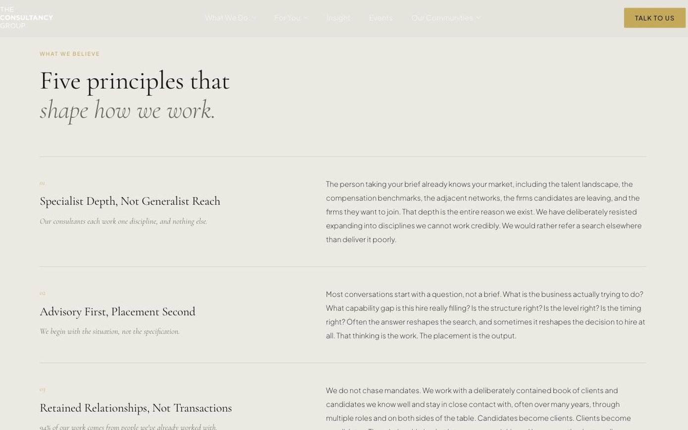 The Consultancy Group principles page: Five principles that shape how we work